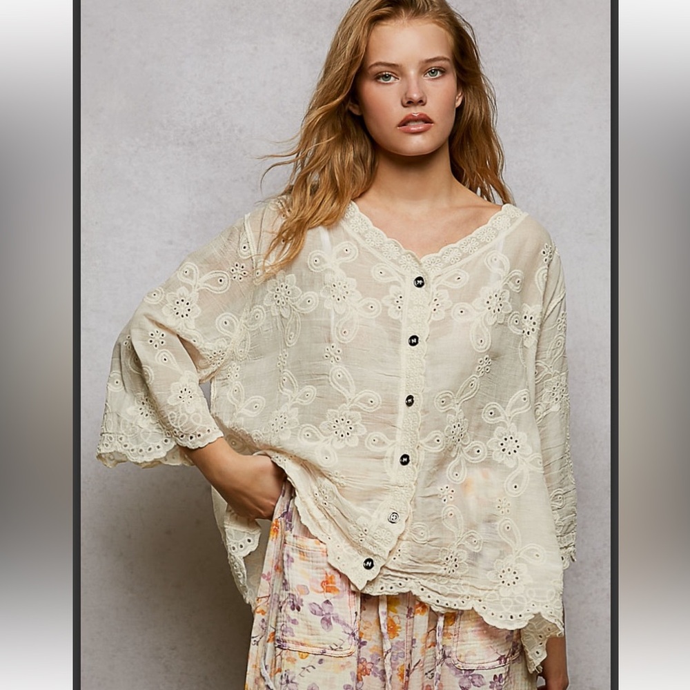 POL Cream Eyelet Button-Front Top